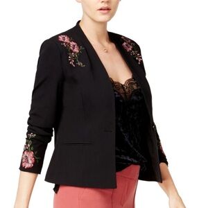 XOXO Black Jacket blazer open front Pink embroidered Floral Detail size medium